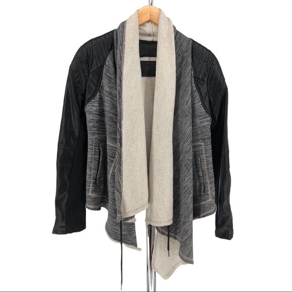 Blank NYC Drape Knit Shawl Collar Faux Leather Sleeve Moto Jacket Size Medium - Picture 2 of 12